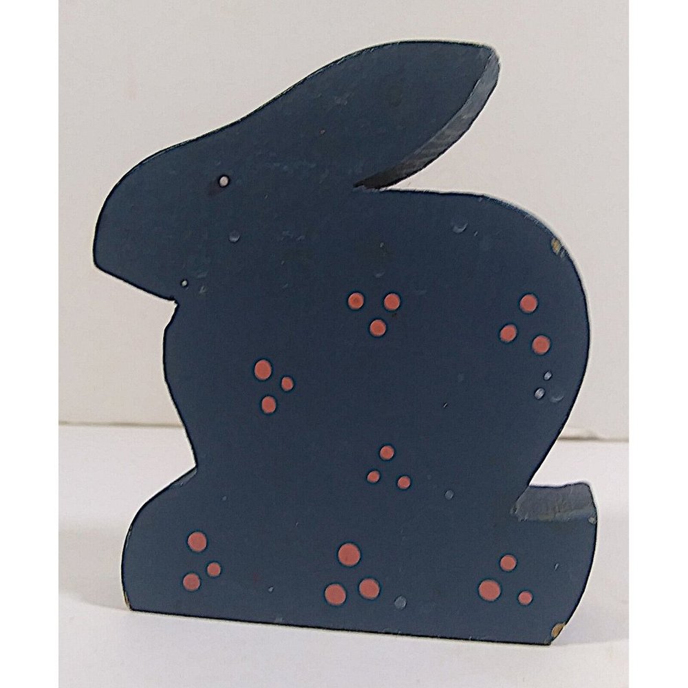 Vintage Wood Bunny Figurine 3in Cut Out Blue Pink Polka Dot Rabbit Figure Easter